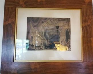 Vintage Etching of Abandoned Theater Set in Wooden Frame 