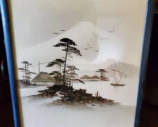 Gilded Vintage Oriental Paiting with Volcano in Background .Signed