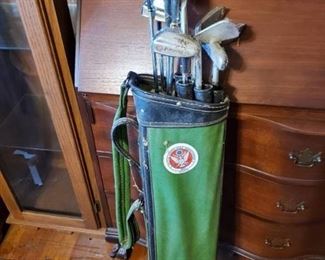 Vintage Green Golf Bag with Set of Clubs