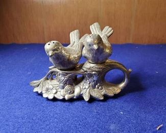 Vintage Bird Metal Salt And Pepper Shakers On A Rose Branch Stand From Japan