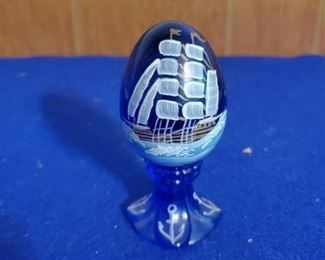 Hand Painted Fenton Cobalt Egg with Victorian Ship and Whale