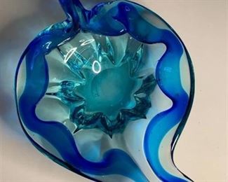 Vintage Signed Blown Glass Blue and Aqua Leaf Dish