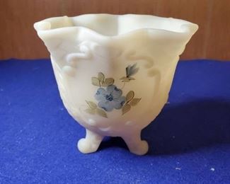 Fenton Art Glass Hand Painted Blue Dogwoods On Cameo Satin Basket Weave Vase Signed by Laura Long