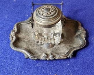 Antique Glass Inkwell, Stand & Cap