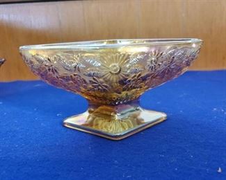 Pineapple and Floral Compote Iridescent Amber Carnival Indiana Glass Excellent