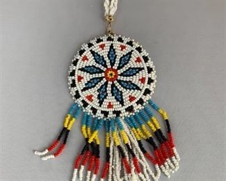 Native American White Seed Bead Medallion Necklace