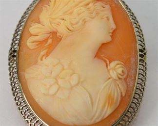 Antique Carved Shell Cameo 14 K White Gold Brooch
