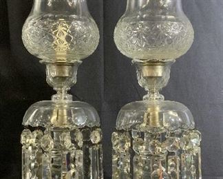 Pair Antique Russian Crystal Hurrican Lamps