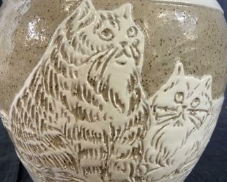 Signed Heavy Weight Cat Design Ceramic Vase