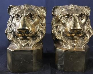 Pair Gold Toned Brass Lion Head Bookends