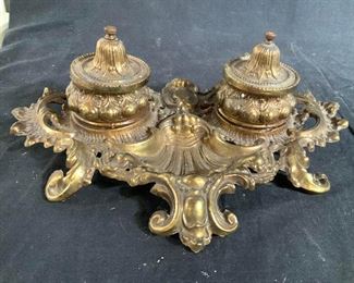 Signed Antique Gilded Bronze Double Inkwell