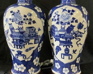 Pair Asian Blue White Porcelain Lamps