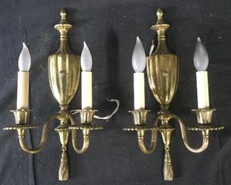Pair Gold Toned 2 Arm Brass Wall Sconces
