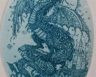 Signed Dragon Etching in Blue Marsha K Howe
