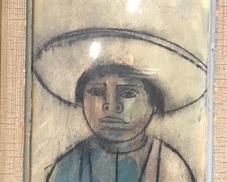 Signed Mixed Media Portrait of Man with Hat