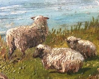 Vintage Framed Painting On Board, Sheep at River