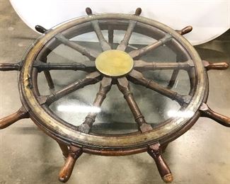 Antique Ship Wheel Glass Top Coffee Table