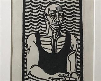 Initialed Woodblock Print of Man