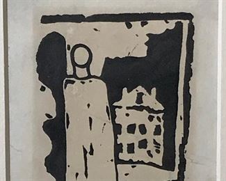 Initialed Woodblack Print of House and Figure