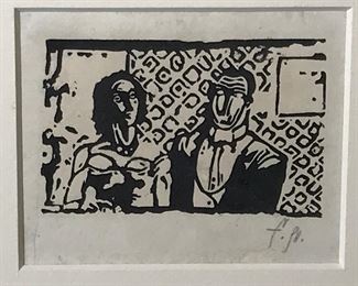 Initialed Woodblock Print of Couple