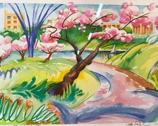 Signed Watercolor Landscape Spring in Central Park