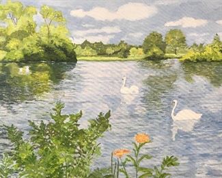 Acrylic on Canvas Waterscape With Swans
