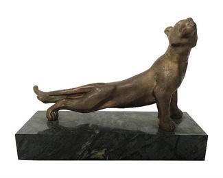 Bronze Panther on Marble Base Sculpture