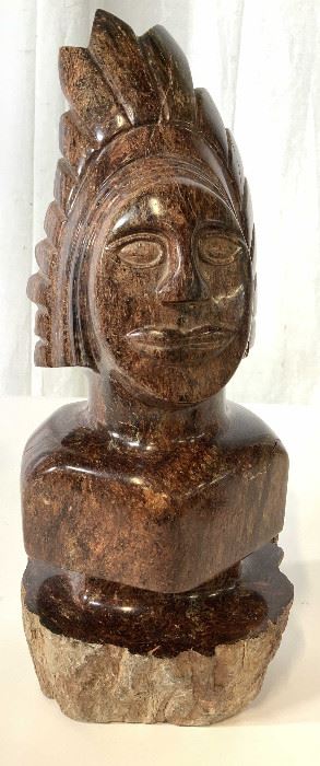 Carved Stone Bust w Headdress, Sculpture