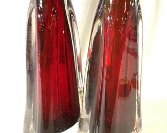 Pair Red Orrefors Crystal Lamps
