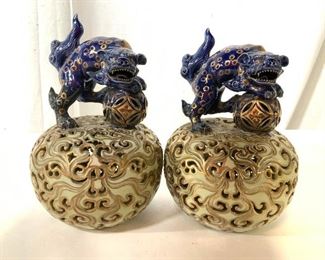 Pair Asian Painted Porcelain Foo Dogs