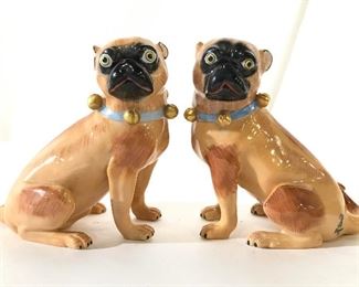 Pair Vintage DRESDEN Porcelain Pug Dogs