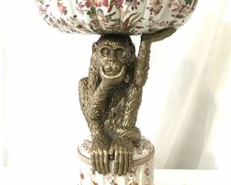 Pedestaled Asian Porcelain Bowl W Monkey Figure