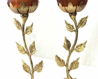 Signed Amber Art Glass Tulip Candlesticks, Vntg