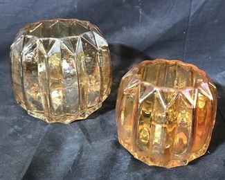 Pair Pearlescent Amber Glass Candle Holders