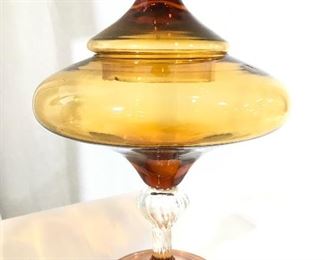 Amber Toned Art Glass Candy Dish W Lid
