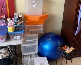 Crafting storage, exercise ball. 