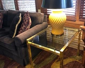 Brass and Glass Side Table,  Pair Yellow  Ceramic Lamps with black shade 