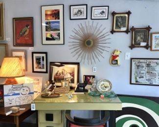 Mid century desk, chair, John Moran gator photos, Victorian and mid century animal art