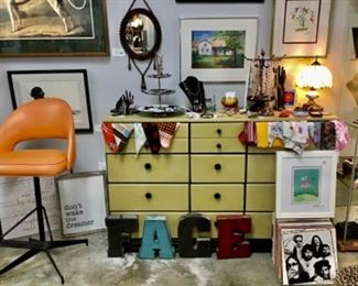 Chest of Drawers, Vintage and artisan jewelry, LPs, mid century chrome and Naugahyde chair, art
