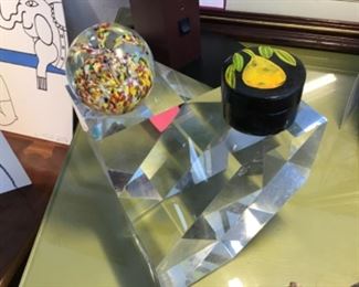 Acrylic stand, paperweight, vintage painted box