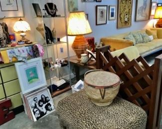 Basket, Teak wine rack , LPs, leopard ottoman 
