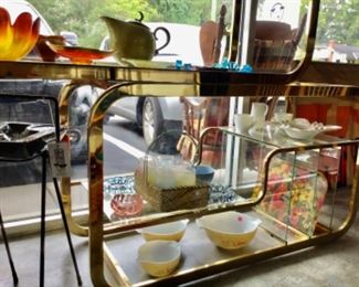 Brass & glass shelf, Pyrex, glass etc