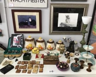 More mid century including mushroom canisters and vintage antique glass doorknobs, cool tiles 