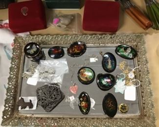 Russian pins, Scotty dog pin, Antique shoe clips, kitty watch pin 