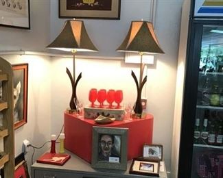 Mid century lamps, frames, blueprint/ map file-cabinet,  Nava Ottenberg painting, Red vintage Glass goblets
