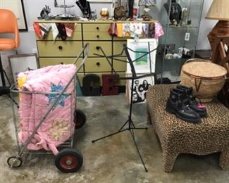 Vintage Shopping cart, quilt, Harley ladies boots size 8, music stand, leopard ottoman, African coil basket 