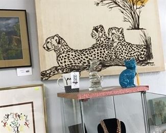 Glass display  case, cheetahs art, figurines, jewelry 