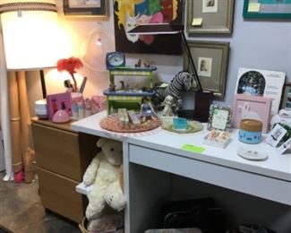 White Desk, Wood 2 drawer file cabinet, FAO Schwartz bear, miscellaneous art