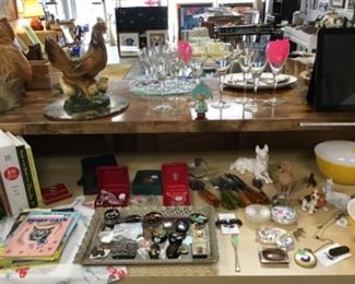 Jewelry, Waterford ornaments, vintage books, Pyrex, chicken planter, iridescent wine glasses