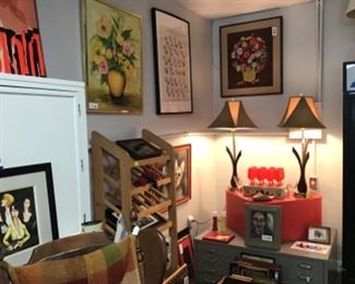 Art, mid century lamps, Another wood wine rack